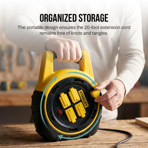 Man using Slick Retractable 20Ft Extension Cord Reel With Four Outlets And On Off Switch 16 3 AWG Power Cable Organizing