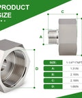 No Sweat 304 Stainless Steel Hex Reducer Adapter For Heavy Duty Plumbing 1-1/4 Inch Npt Female To 1 Inch Npt Male Threaded Fitting size diagram.