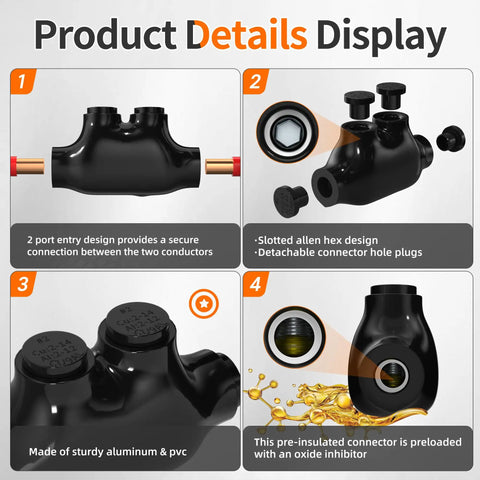Two Port Inline Splice Connector Kit For Two To Fourteen AWG Aluminum To Copper Wire, Insulated Inline Splice Connectors, Heavy Duty Wire Splices For Car Boat RV Wiring, Includes Five Thirty-Second Inch Slotted Allen Hex, Six Pack, black 2-port splice with plugs