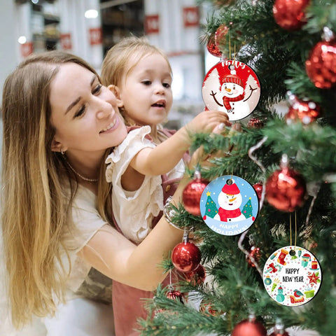 Family decorating tree with 30 Pieces 3 Inch Round Sublimation Ornament Blanks For Christmas Tree Decor And DIY Crafts displayed