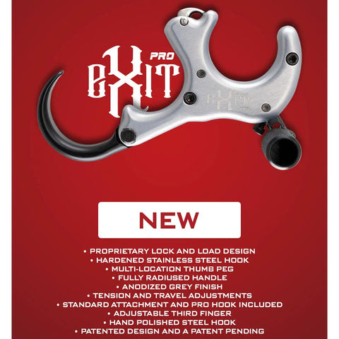 Exit Pro Release Grey With Hand Polished 440C Stainless Hook, Patented Star Drive System For Multiple Arm Positions on red background