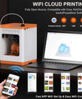 Plug And Play Beginner Friendly Open Source 3D Printer With WiFi Cloud Printing alongside laptop showing 3D model, smartphone app in use