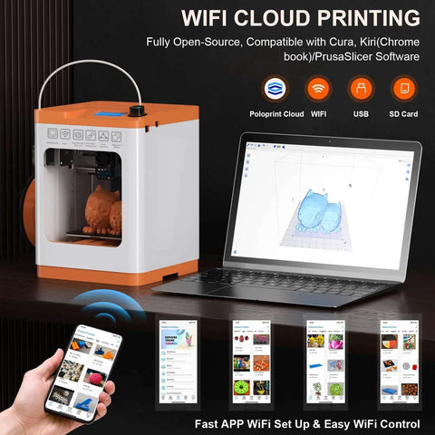 Plug And Play Beginner Friendly Open Source 3D Printer With WiFi Cloud Printing alongside laptop showing 3D model, smartphone app in use
