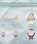 Button size comparison collage showing 25mm, 32mm, and 58mm round badges with bear and Santa designs.