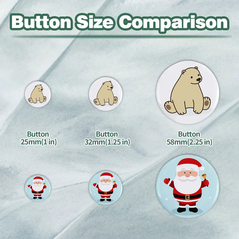 Button size comparison featuring 25mm, 32mm, and 58mm buttons, showcasing different designs and dimensions.