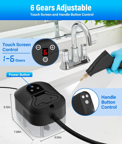 No Frills Steam Cleaner With Ten Second Rapid Heat And One Point Two Liter Tank Gives Straight Up Heavy Duty Punch, showing touch screen and handle control.