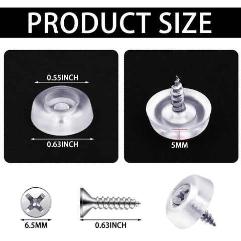 100 Pcs Clear Rubber Door Stops With Screws For Cabinets, Drawers And Walls, showing size dimensions and fastener details