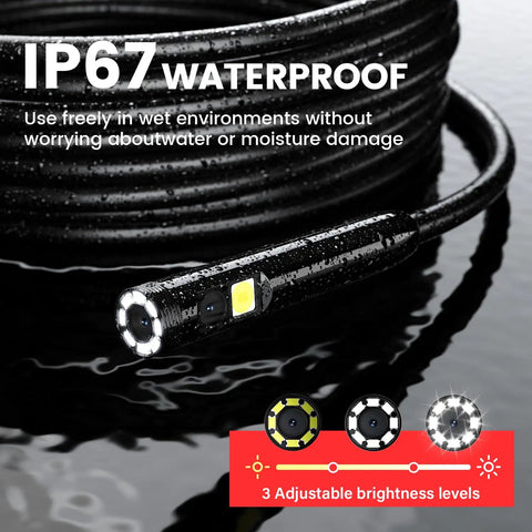 IP67 waterproof feature of 5 Inch 1080P HD Dual Lens Endoscope Camera With Light For Sewer And Plumbing Inspection 16 Foot Waterproof Flexible Borescope For Automotive And Industrial Use