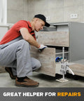Man using Pair Of Heavy Duty Sheetrock Drywall Lift And Furniture Board Lifting Helper Platform with adjustable height for cabinet repairs.