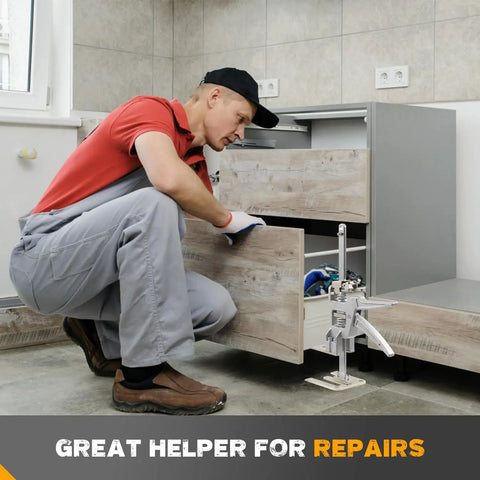 Man using Pair Of Heavy Duty Sheetrock Drywall Lift And Furniture Board Lifting Helper Platform with adjustable height for cabinet repairs.