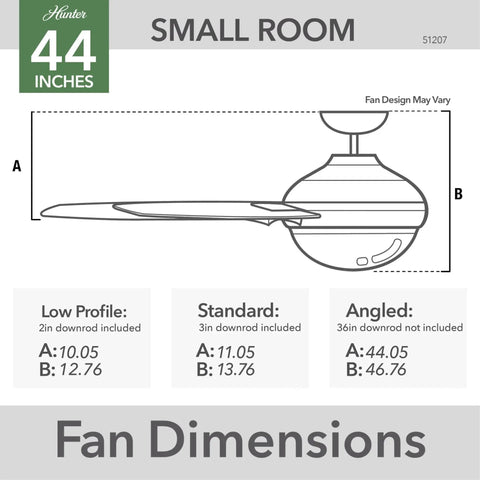 Fan dimensions chart for 44 Inch Indoor Ceiling Fan With Led Light And Remote Control showing side profile and mounting dimensions.