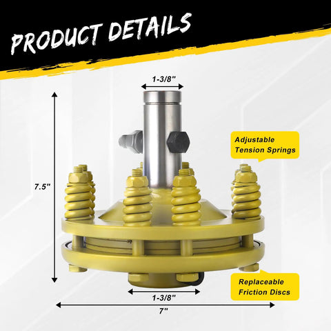 Real Deal 1 3/8 In PTO Slip Clutch Slick Round Ends Adjustable Tractor Friction Clutch showing adjustable tension springs and dimensions.