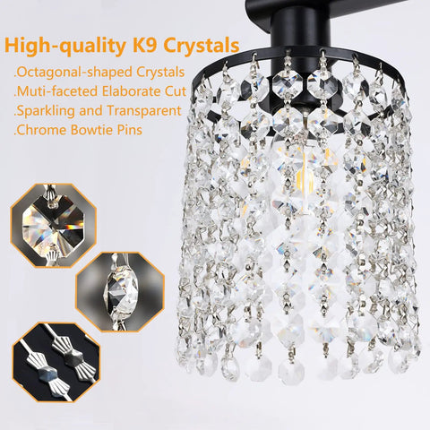 Close-up of Black Four Light Crystal Vanity Light Fixture 31.5 Inch Over Mirror for Bathroom with crystal droplets detail