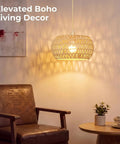 Qingmiao Boho Plug in Pendant Light with handwoven shade illuminating cozy living area with chair and decor.