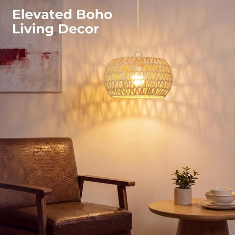 Qingmiao Boho Plug in Pendant Light with handwoven shade illuminating cozy living area with chair and decor.