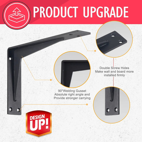 Diagram showing 14 Inch Black Shelf Bracket Set, Heavy Duty Corner Braces That Support 440 Lbs with double screw holes and welding gusset.