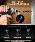 Toolant serrated eccentric masonry drill bit set (5pcs) power drill drilling into concrete; carbide tips, hex shank.