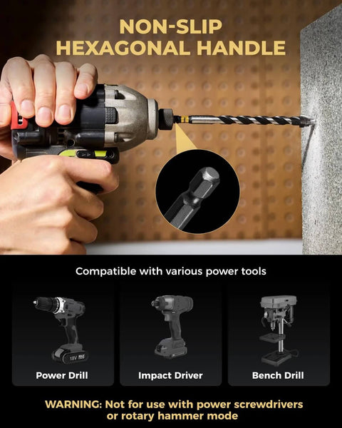 Toolant serrated eccentric masonry drill bit set (5pcs) power drill drilling into concrete; carbide tips, hex shank.
