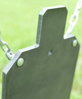 Close-up of Rifle Ready AR500 Steel Targets Silhouette Gong hanging with chains, half inch laser cut steel plates for precision shooting