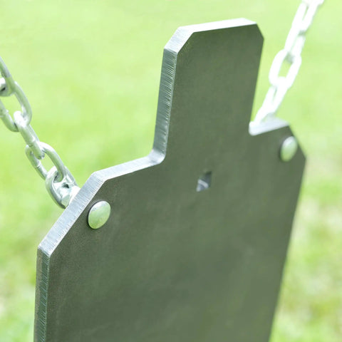 Close-up of Rifle Ready AR500 Steel Targets Silhouette Gong hanging with chains, half inch laser cut steel plates for precision shooting