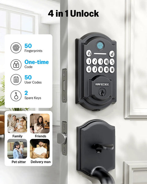 Keyless Front Door Lock Set With Handle, 3 In 1 Smart Lock With Fingerprint, Passcode And Mechanical Key, Anti Peep Keypad
