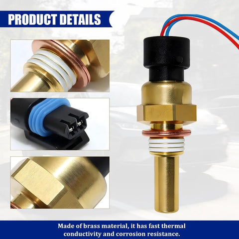 Premium Car Engine Coolant Temperature Sensor With Plug And Play Pigtail Cable, brass housing, close-up view with wiring details.