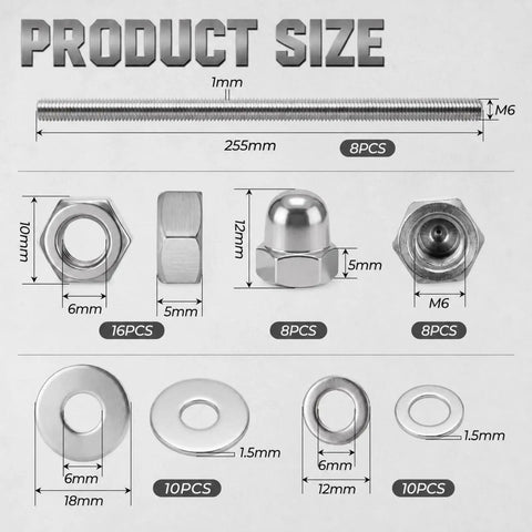 52 Piece Stainless Steel M6 Hardware Kit With 10 Inch Threaded Rods, Hex Lock Nuts, Acorn Cap Nuts, And Flat Washers, Your Go To DIY Furniture Builds For Home Projects And General Hardware Repairs.