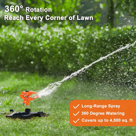 Heavy Duty Pulsating Impact Sprinkler For Yard, 360 Degree Rotating Lawn Sprinkler With All Metal Base spraying in garden