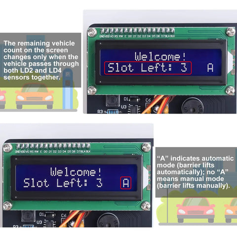 LCD display showing slot count and mode in DIY Smart Parking System Soldering Kit For Teens And Students Learn Circuits And Logic Control By Building A Mini Car Parking Lot Simulation Model For Hands On Learning And Real World Practice In Tech Education