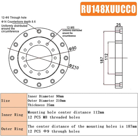 Premium Class P5 Crossed Roller Bearing For Rotary Tables with dimensions and mounting details diagram.
