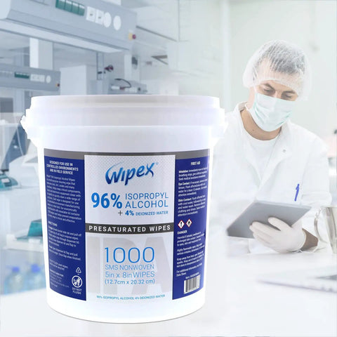Premium 96 Percent Isopropyl Alcohol Wipes Bulk Pack Comes Packed With 1000 Lint Free SMS Cloth Sanitizing Rags in a tub.