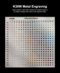 Color grid showing effects of K30W Metal Engraving with varying laser intensities and intervals for testing Beefed Up 30W Laser Module.