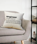Engineering Gifts For Men Pillow Cover 18x18 Inches Durable Cotton Linen Throw Pillow Case With Black Pattern For Sofa Bed Couch And Office Decor Dope Gift For Engineers And Tech Lovers displayed on a grey sofa in a modern living room setting.