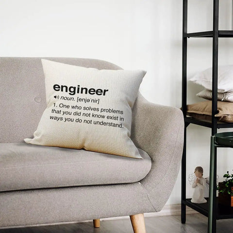 Engineering Gifts For Men Pillow Cover 18x18 Inches Durable Cotton Linen Throw Pillow Case With Black Pattern For Sofa Bed Couch And Office Decor Dope Gift For Engineers And Tech Lovers displayed on a grey sofa in a modern living room setting.