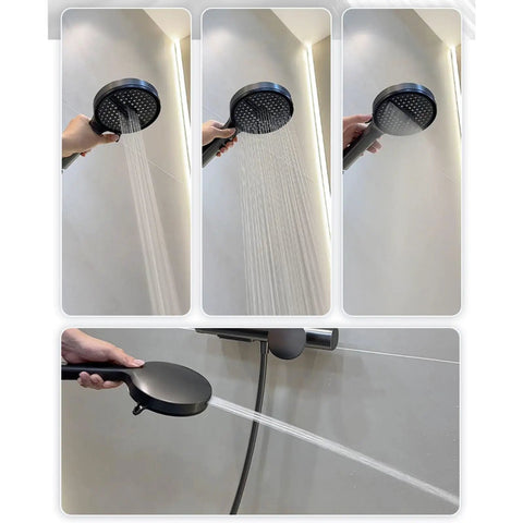 Exposed Shower System with Waterfall Tub Spout G1/2 Connection Gun Gray, handheld showerhead in use with multiple water modes.