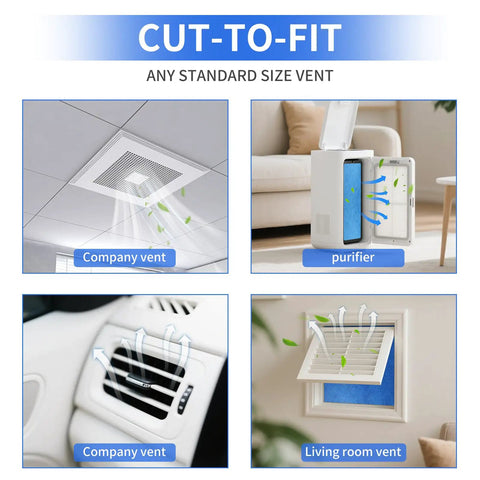 Cut To Fit 20x90 Inch MERV 8 Reusable 3 Layer Air Vent Filter Material installed in various home and HVAC scenarios