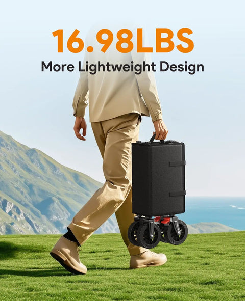 Person carrying a folded Beefed Up Heavy Duty Foldable Wagon Cart With All Terrain Wheels, 330Lb Capacity And 180L Cargo Space, Brakes For Camping, Shopping And Sports Gear, Collapsible Utility Wagon For Easy Transport on a grassy hill.
