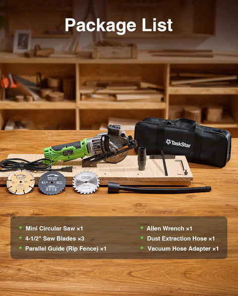 TaskStar 4-1/2 Inch Mini Circular Saw Laser Guide 4.8A Motor 4000 RPM Compact Corded Cutter with blades and accessories.