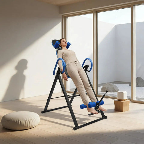 Woman using Inversion Table For Back Pain Relief With A 330lb Capacity Decompression Stretcher For Home Therapy