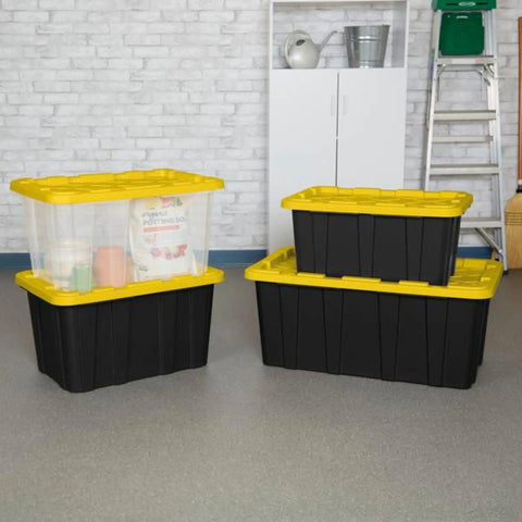 4 Pack 27 Gallon Heavy Duty Industrial Storage Tote With Lids, stackable black and yellow bins in garage setting, various sizes visible