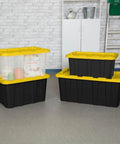 Heavy Hitter Heavy Duty Storage Totes With Secure Lids For Garage, 27 Gallon Stackable Plastic Bins 8 Pack seen in a garage setting.