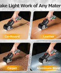 Smooth Cutting Cordless Electric Scissors With Type C Fast Charging cutting through cardboard, leather, carpet, and aluminum sheet.