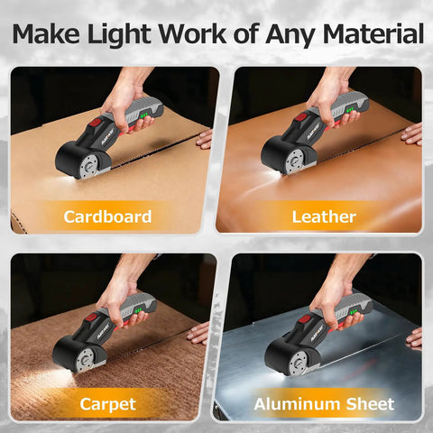 Smooth Cutting Cordless Electric Scissors With Type C Fast Charging cutting through cardboard, leather, carpet, and aluminum sheet.