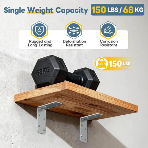 Heavy Duty L Brackets For Wood Framing Rugged Galvanized Cold Rolled Steel Angle Corner Braces Pro Grade Diy Shelf Support Hardware Kit 4 Pack Assembly Set with a wooden shelf and dumbbells.