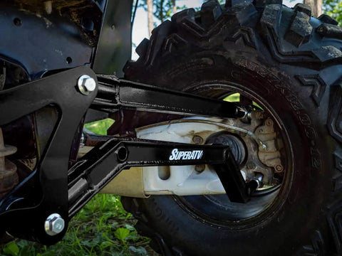 High Clearance Boxed Rear Radius Arms Beefed Up For Polaris RZR XP 900 And XP 4 900 2011 To 2014 Black Finish Heavy Duty Welded Strength Upgrade For Tough Trails And More Maneuverability, close-up rear suspension arm