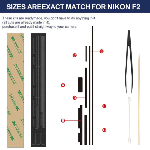 Pre-Cut Light Seal Foam Replacement Kit For Nikon F2 F2A F2AS Film Camera components showing sizes and adhesive backing for installation.