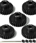 Five Piece 0.8M Hardened Steel Pinion Gear Set With 5mm Shaft And 26T 27T 28T 29T 30T For 1 To 10 Scale RC Cars Including Arrma HPI Losi Axial Traxxas Tamiya 540 550 Motors With M4 Screw And Hex Key in black.