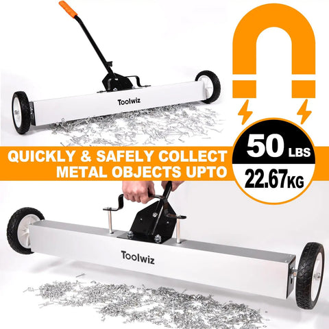 Heavy Duty 36 Inch Rolling Magnetic Sweeper With Quick Release Handle That Works Like A Charm To Sweep Up Nails Screws Washers And Metal Debris From Garage Floors, collecting metal debris.