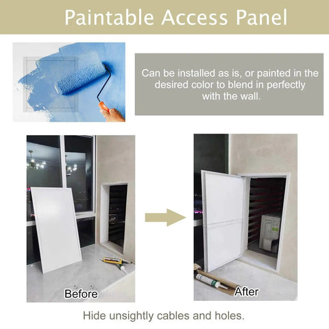 Heavy Duty Paintable Metal Access Door For Wall Or Ceiling No Sweat Setup Hatch For Plumbing Cable And Electrical Checks Reliable Plug And Play 14X18 Panel before and after installation