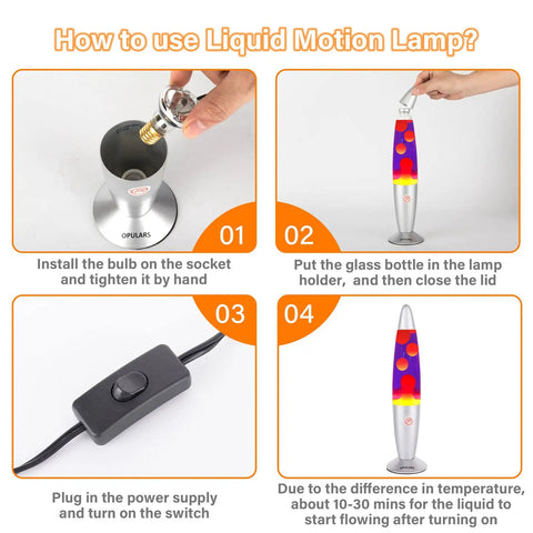 Instructions for using Dope Motion Lava Lamp 13.5 Inch With Silver Base, Orange Wax In Purple Liquid, Magma Style Nightlight.
